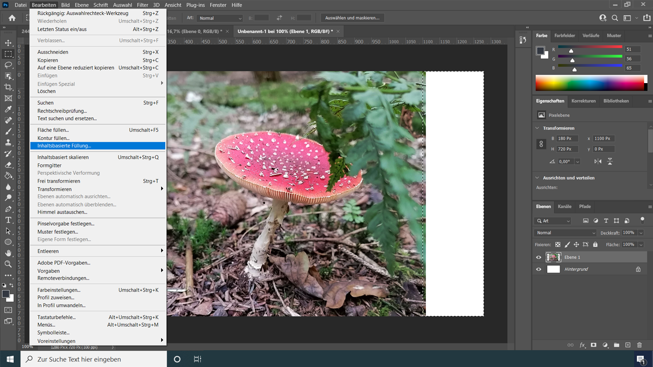 Photoshop Oberfläche mit einem Bild vom Fliegenpilz und verschiedenen Schaltflächen zur Bildbearbeitung.