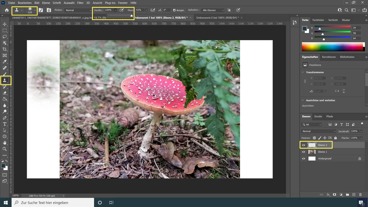 Photoshop Oberfläche mit einem Bild vom Fliegenpilz und verschiedenen Schaltflächen zur Bildbearbeitung.