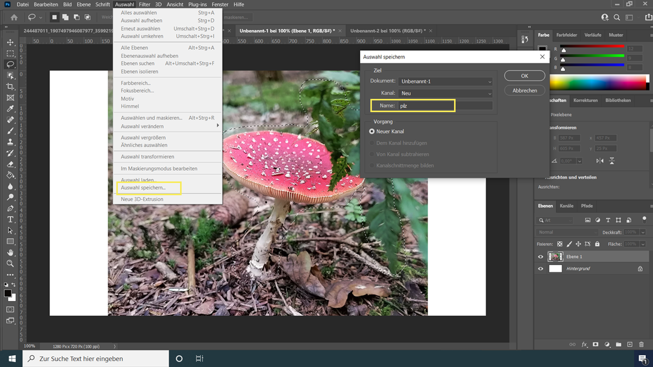 Photoshop Oberfläche mit einem Bild vom Fliegenpilz und verschiedenen Schaltflächen zur Bildbearbeitung.