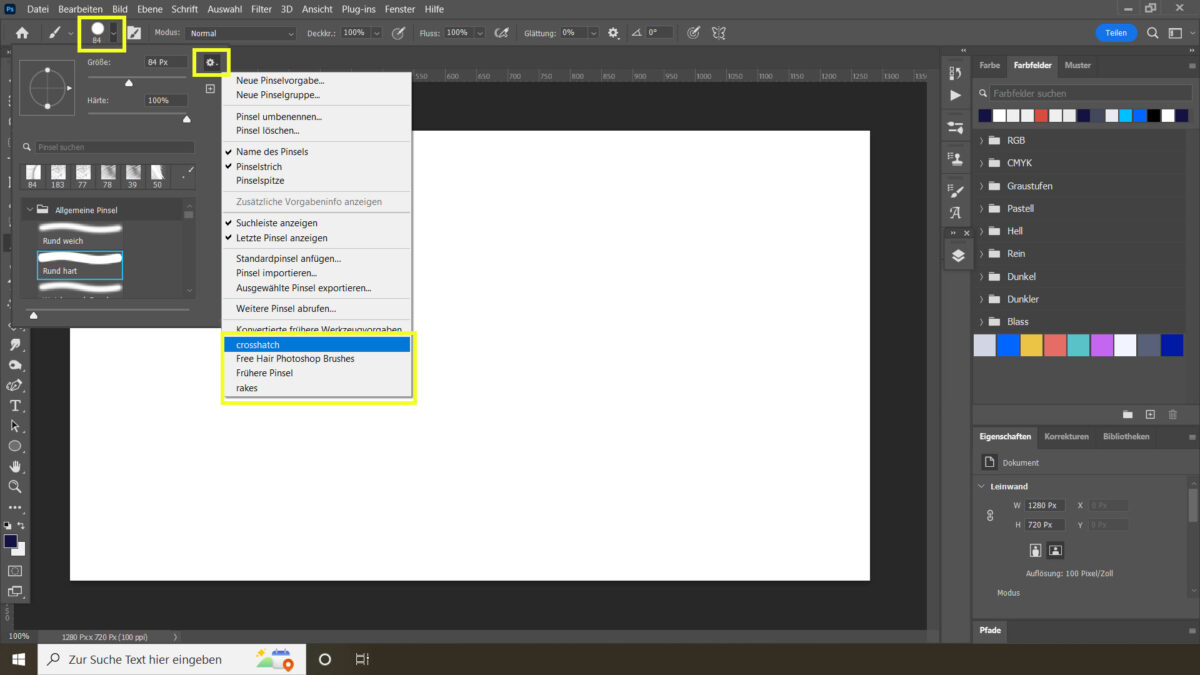 Ein Screenshot von Photoshop, der den im Text beschriebenen Pfad zur Auswahl der Pinseldatei zeigt.