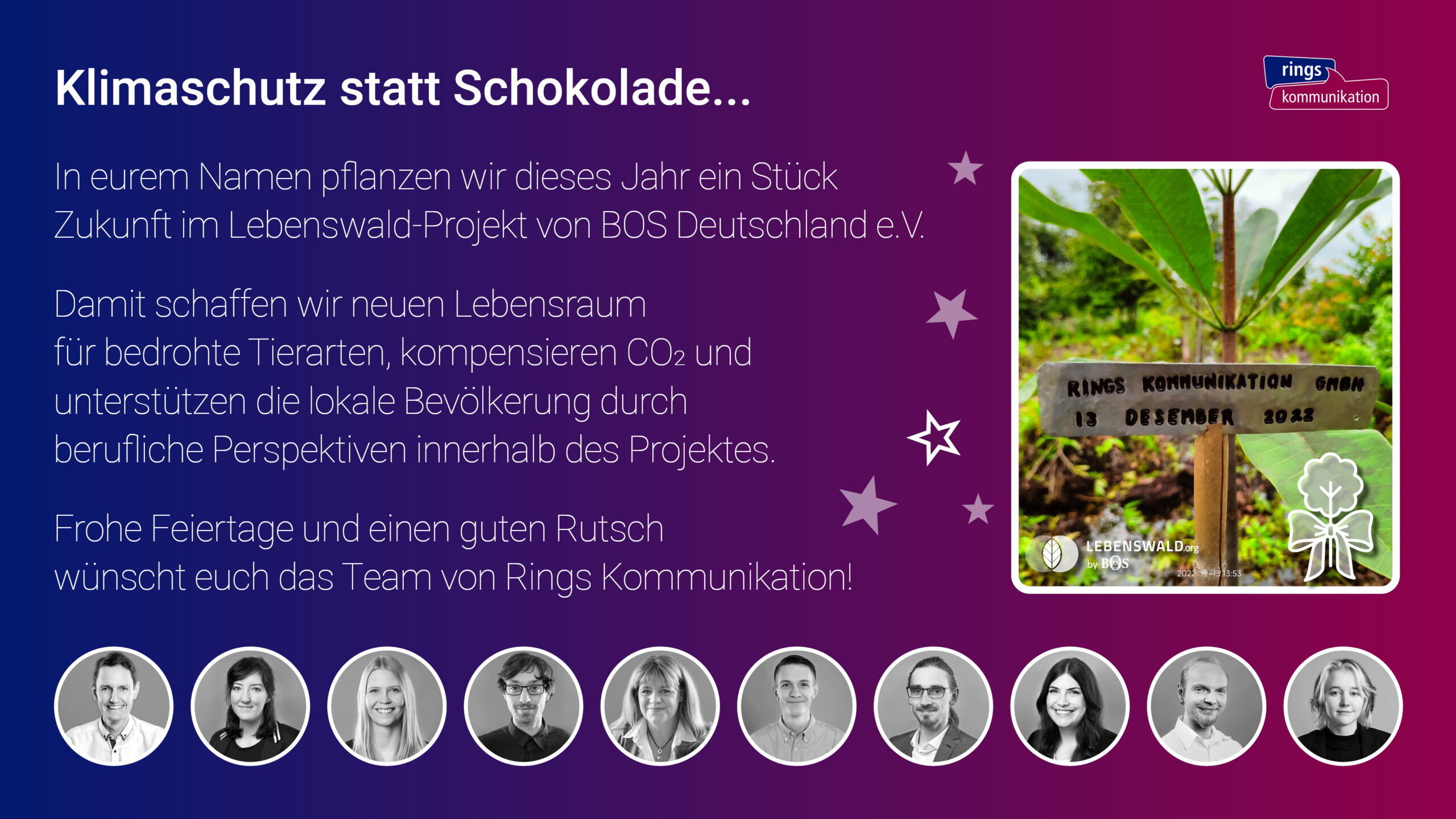 Im Namen unserer Kund:innen und Partner:innen pflanzen wir dieses Jahr ein Stück Zukunft im Lebenswald-Projekt von BOS Deutschland e.V.
