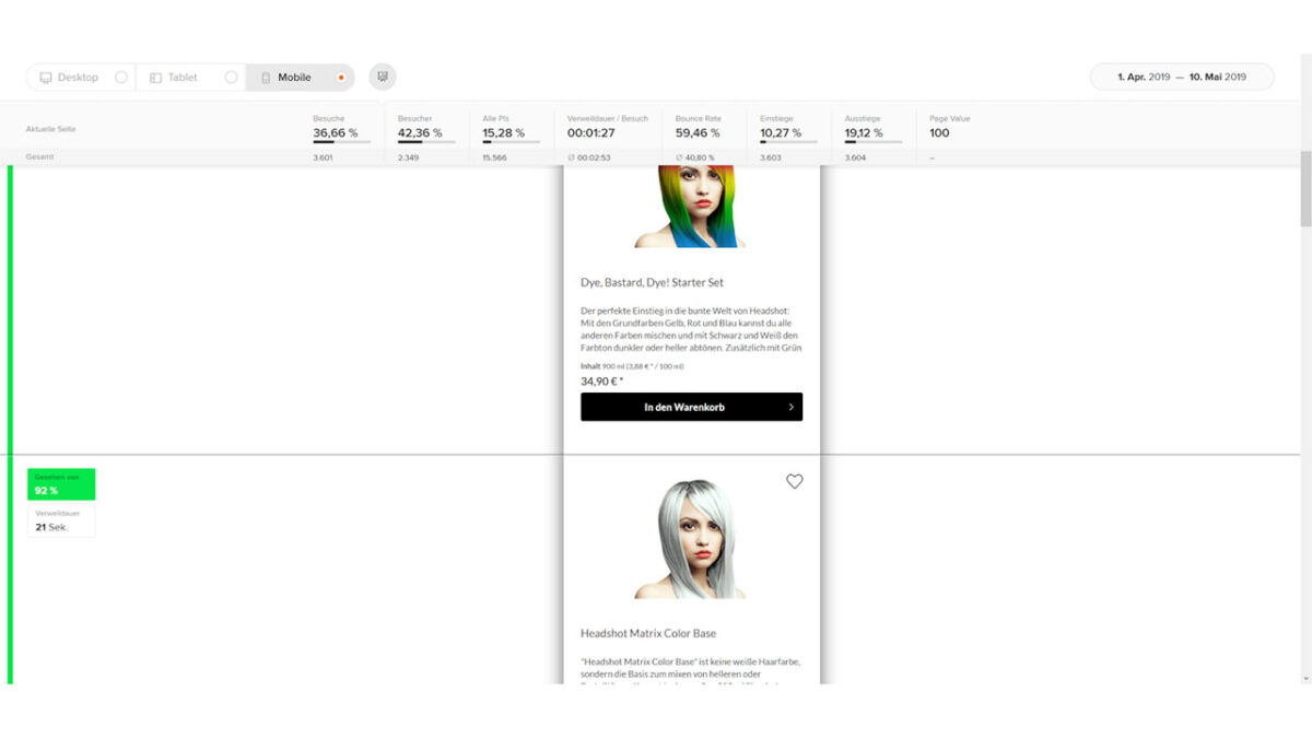 Screenshot eines Dashboards mit einer Scrollmap in etracker