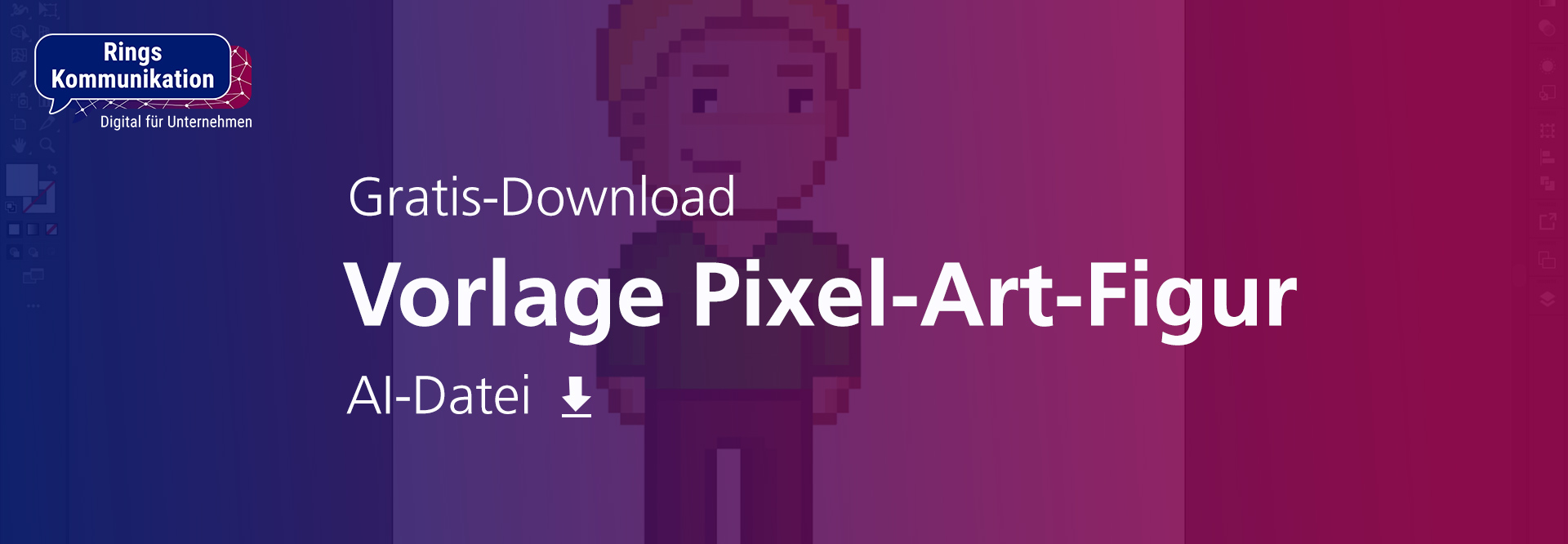 Banner-Grafik mit Text "Gratis-Download Vorlage Pixel-Art-Figur Adobe Illustrator-Datei. Link, um kostenlos eine Vorlage für eine Pixel-Art-Figur herunterzuladen.